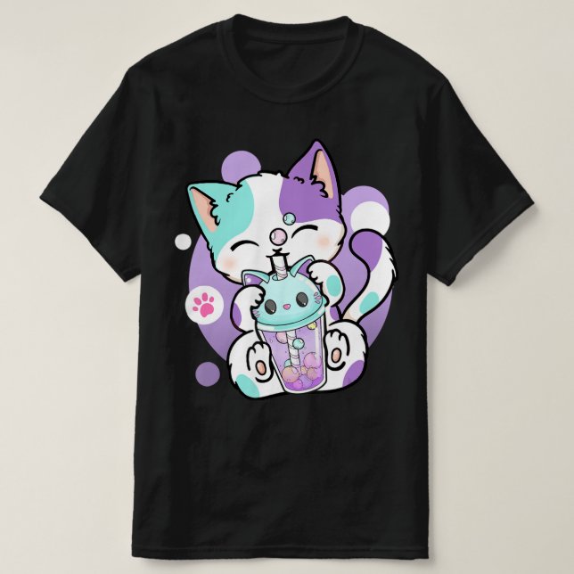 Camiseta Anime Kawaii Cat Boba Bubble Tea Neko Boba Tea Cat (Frente do Design)