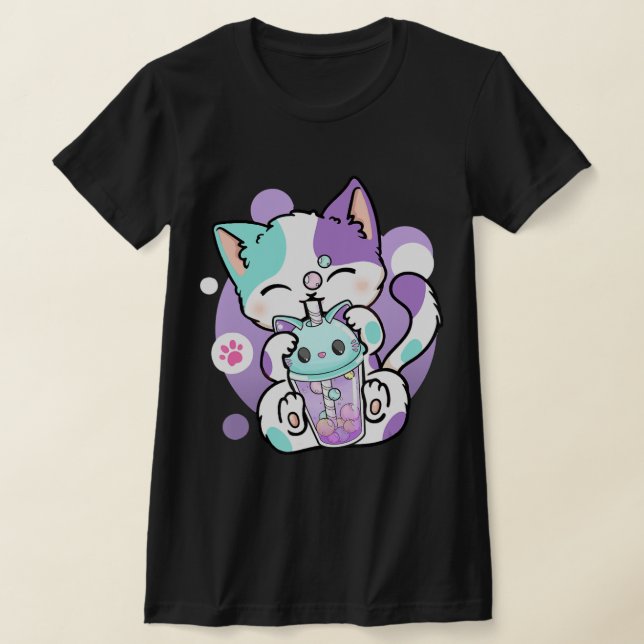 Camiseta Anime Kawaii Cat Boba Bubble Tea Neko Boba Tea Cat (Postura )