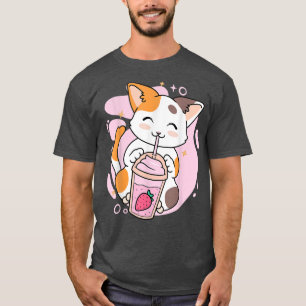 Camiseta Anime Kawaii Neko Gi, um gato bonito, morango-de-m