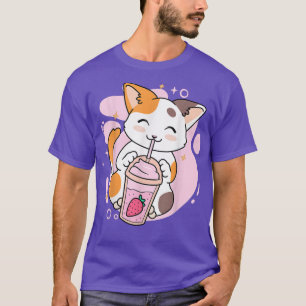 Camiseta Anime Kawaii Neko Gi, um gato bonito, morango-de-m