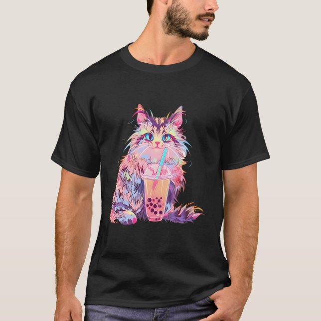 Camiseta Anime Maine Coon Cat Boba Drink Kawaii Gatinho Bub (Frente)