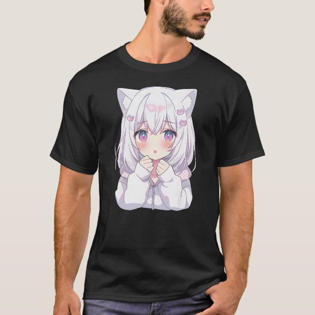 Camiseta Anime Manga Graphic Tee Kawaii Cute Shy Cat Girl (Frente)