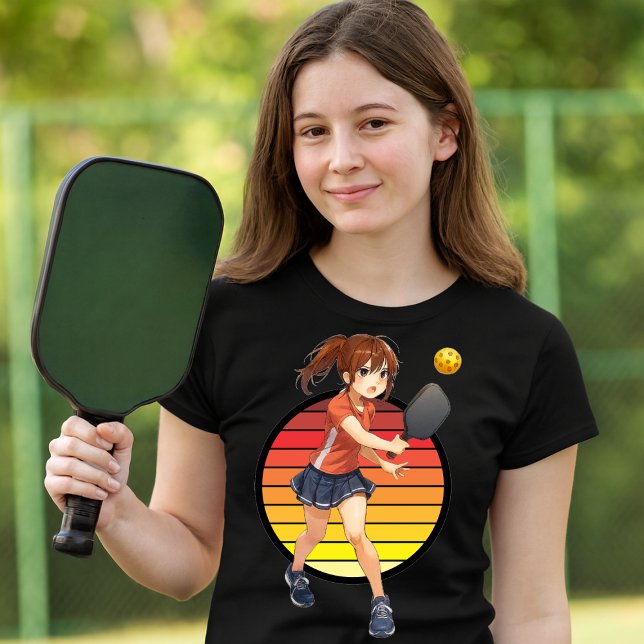 Camiseta Anime Pickleball Girl On Retro Sunset Template (Criador carregado)