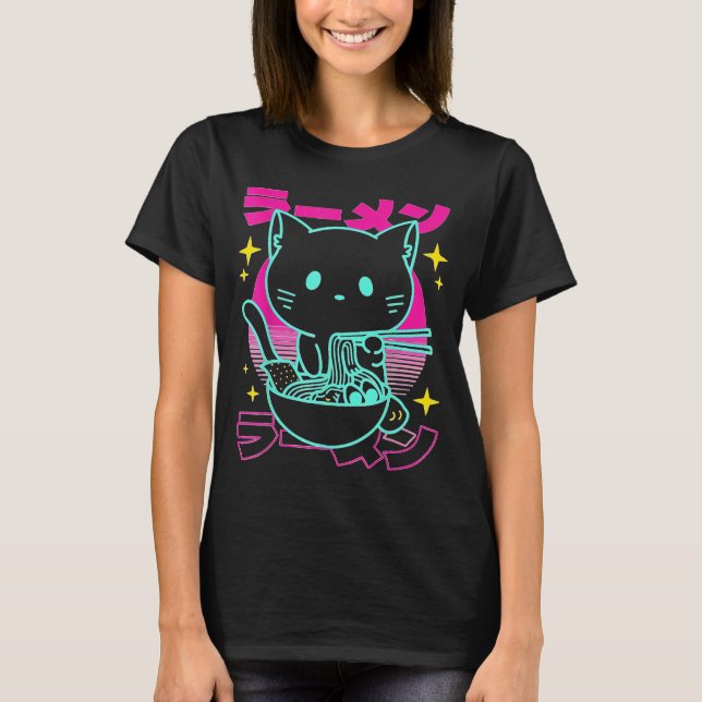 Camiseta Anime Ramen Cat Retro Japonês Noodles Estético (Frente)