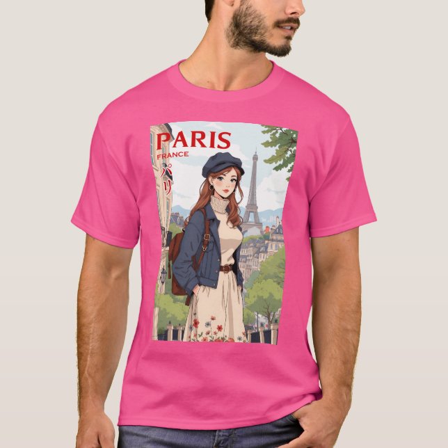 Camiseta Anime Retro Viajando Jovem Mulher Em Paris França (Frente)