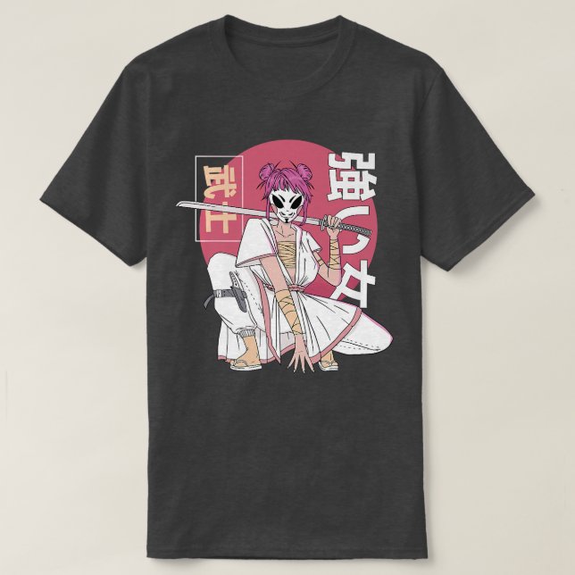 Camiseta Anime Samurai Warrior com japonês Fo Kitsune Mas (Frente do Design)