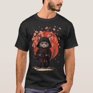 Camiseta Anime Vintage Gato Arte Japonês Samurai Engraçado