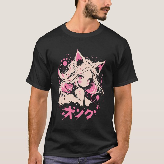 Camiseta Anime Waifu Cute Anime manga Cat Girl Sweet Retro  (Frente)