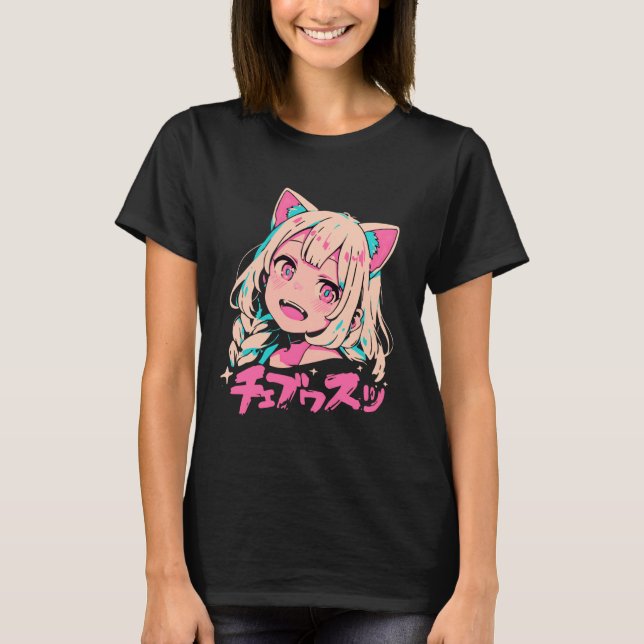 Camiseta Anime Waifu Cute Anime Manga Cat Girl Sweet Retro  (Frente)
