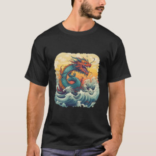 Camiseta Animes do Dragão Asiático Ondas do Mar Japonês