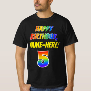 Camiseta Aniversário 5 — Negrito, Divertido, Arco-Íris 