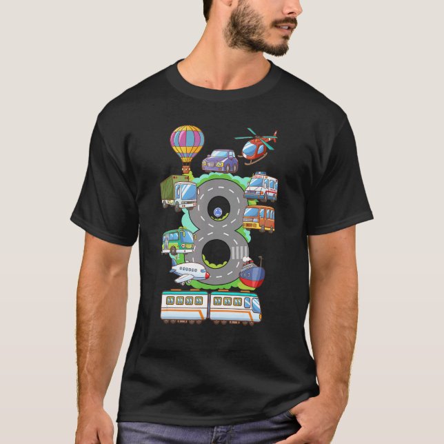 Camiseta Aniversário 8 Meninos Meninas Crianças Carro de 8  (Frente)