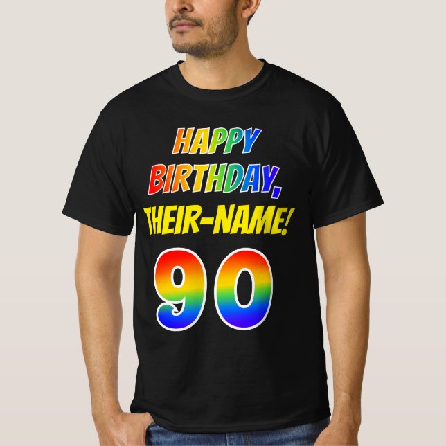 Camiseta Aniversário 90 — Negrito, Divertido, Rainbow 90, N (Frente)