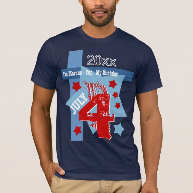 Camiseta ANIVERSÁRIO ano feito sob encomenda AZUL BRANCO (Frente)