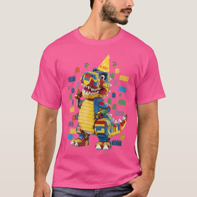 Camiseta Aniversário Construtor de Tijolos Dinossauro Mestr (Frente)