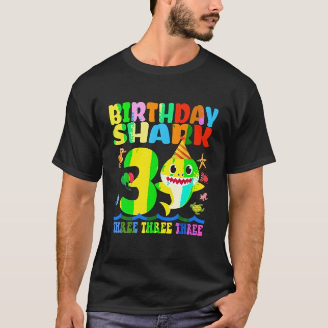 Camiseta Aniversário Crianças Tubarões De 3 Anos Matchi ani (Frente)