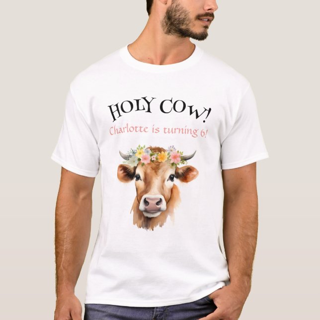 Camiseta Aniversário da Garota Floral de Vaca Santa Jersey (Frente)