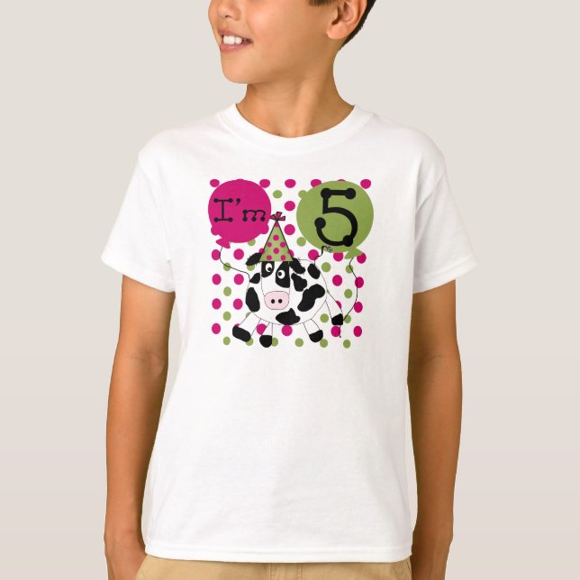 Camiseta Aniversário da vaca cor-de-rosa 5o (Frente)