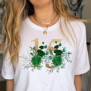 Camiseta Aniversário de 15 anos Rosa Floral Dourada Número