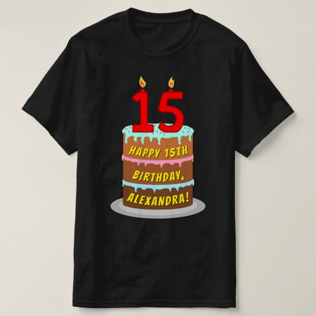 Camiseta Aniversário de 15 — Bolo e Velas Divertidas com No (Frente do Design)
