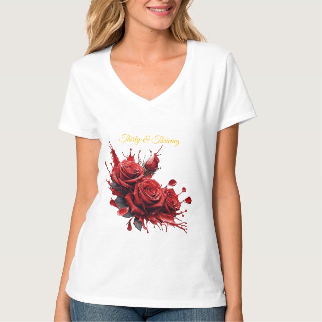 Camiseta Aniversário de 30 anos Elegante - Rosas em Bloom (Frente)