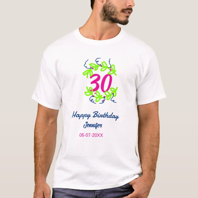 Camiseta aniversário de 30 anos verde azul wreath name date (Frente)