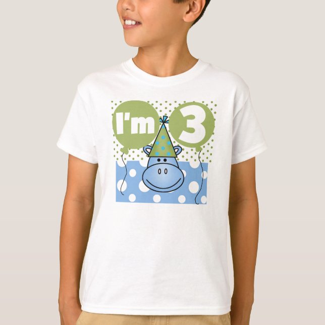 Camiseta Aniversário de 3 anos azul do hipopótamo (Frente)
