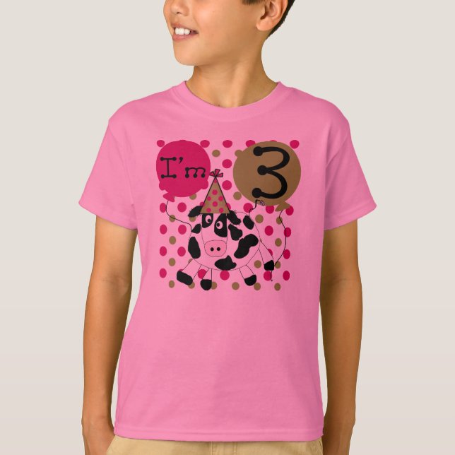 Camiseta Aniversário de 3 anos da vaca (rosa) (Frente)