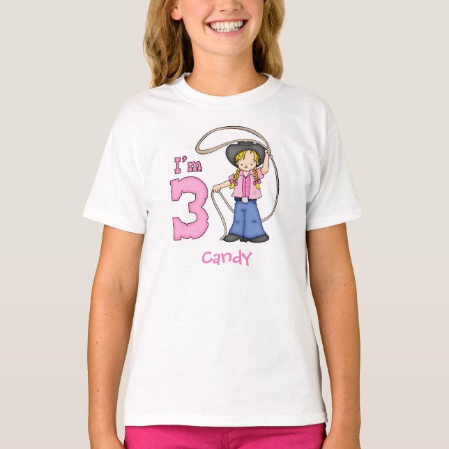 Camiseta Aniversário de 3 anos de T-Shirt da Cowgirl Roper (Frente)