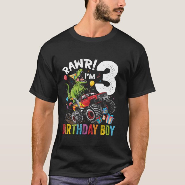 Camiseta aniversário de 3 anos Dinossaur Monster Truck Long (Frente)