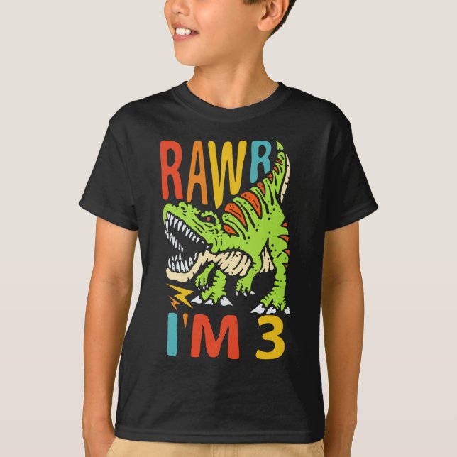 Camiseta aniversário de 3 anos Dinossauro T Rex Rawr Eu sou (Frente)