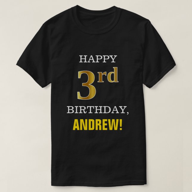 Camiseta Aniversário de 3 anos Dourado, preto, azul com car (Frente do Design)