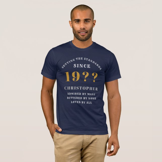 Camiseta aniversário de 40 anos Azul Branco Dourado Nome An (Frente Completa)