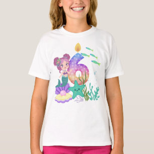 Camiseta Aniversário de 6 anos Colorida Sereia e Criaturas