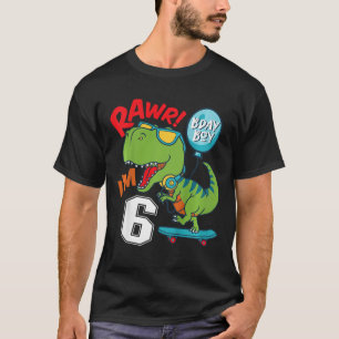 Camiseta Aniversário de 6 anos do menino T-rex Skateboardi