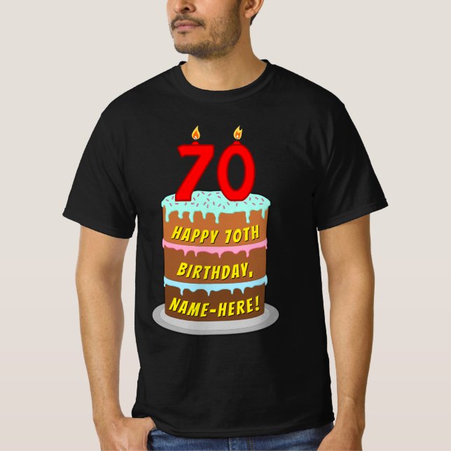 Camiseta Aniversário de 70 — Bolo e Velas Divertidas com No (Frente)