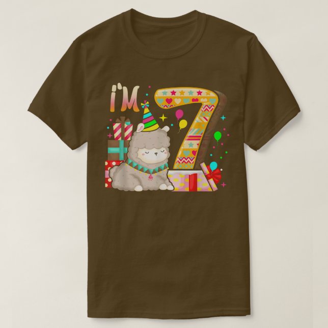 Camiseta Aniversário de 7 anos Llama Eu sou moça Tema 7 (Frente do Design)