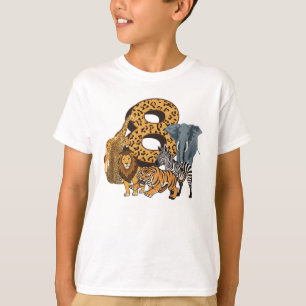 Camiseta Aniversário de 8 anos Leão, Tigre, Elefante, Zebra
