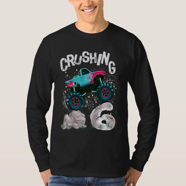 Camiseta Aniversário de criança 6 Monster Truck Esmagando 6 (Frente)