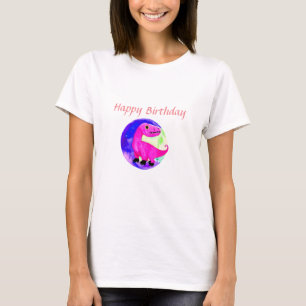 Camiseta Aniversário de dinossauro com aquarela rosa roxo v
