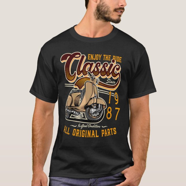 Camiseta Aniversário de motoPatinete Classic Moped Rider 19 (Frente)