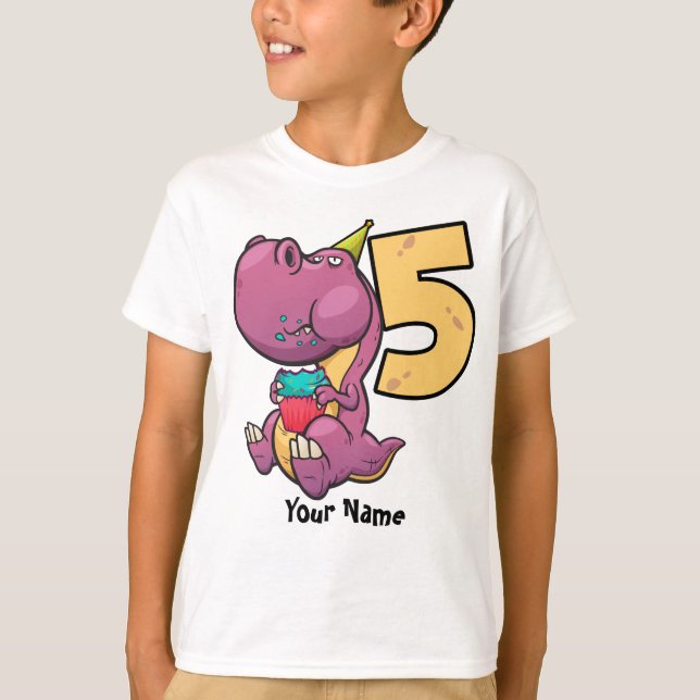 Camiseta Aniversário do dinossauro roxo de T-Rex 5o (Frente)