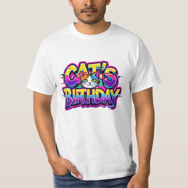 Camiseta Aniversário do Gato Arco-íris com Glitch (Frente)