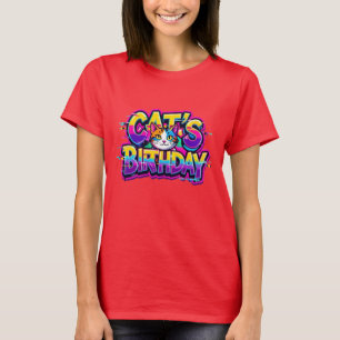 Camiseta Aniversário do Gato Chuva de Cores com Efeito Glit