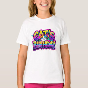 Camiseta Aniversário do Gato Efeito Glitch Arco-Íris