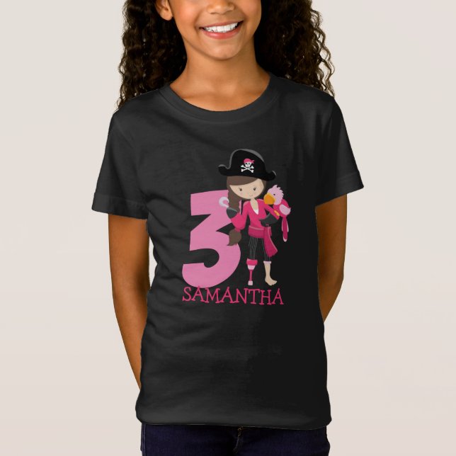 Camiseta Aniversário GIRL Papagaio Pirata 3º Nome T-Shirt (Frente)