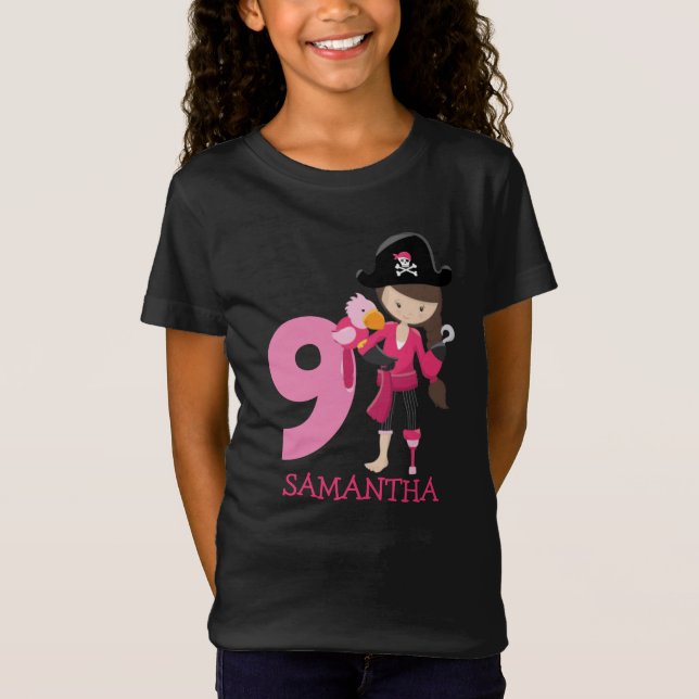 Camiseta Aniversário GIRL Papagaio Pirata 9º Nome T-Shirt (Frente)