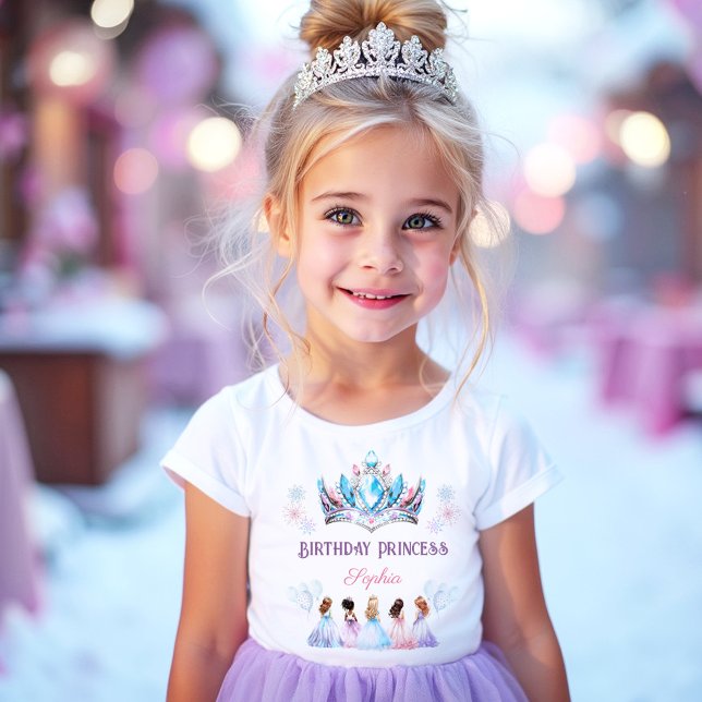 Camiseta Aniversário Princesa Princesa Coroa Rosa Azul Inve (Birthday Girl Princess Crown Pink Blue Winter T-Shirt)