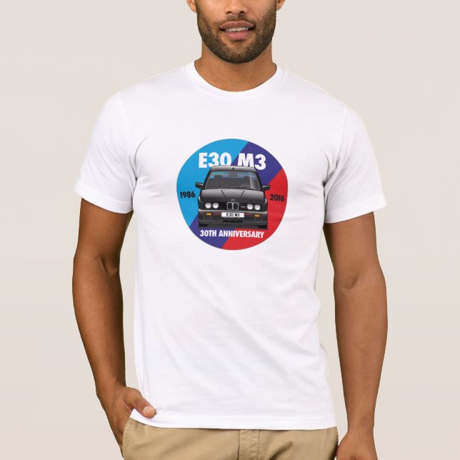 Camiseta Aniversário Roundel de BMW E30 M3 30o (Evo preto) (Frente)