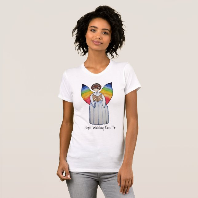 Camiseta Anjo De Aquarela Com Asas Arco-Íris Lendo Um Livro (Frente Completa)